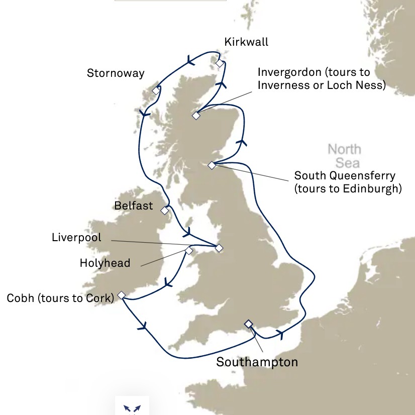 Routenkarte um Großbritannien herum mit der Queen Victoria